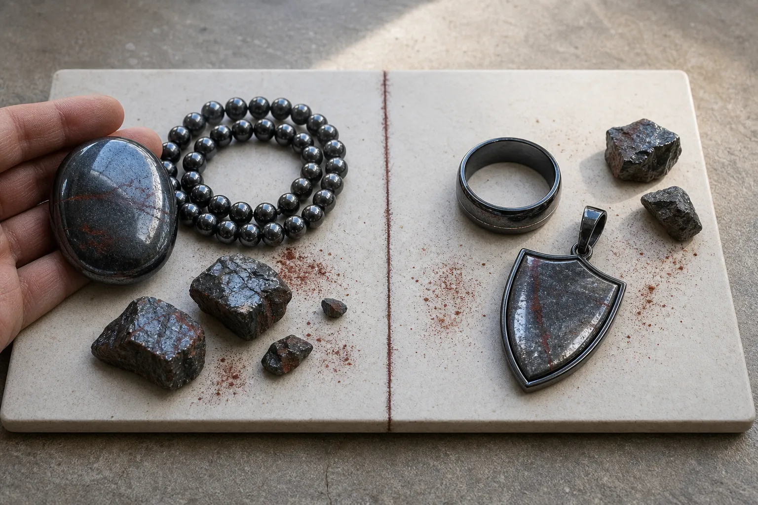 Polished and earthy hematite pieces compared as grounding and protection symbols