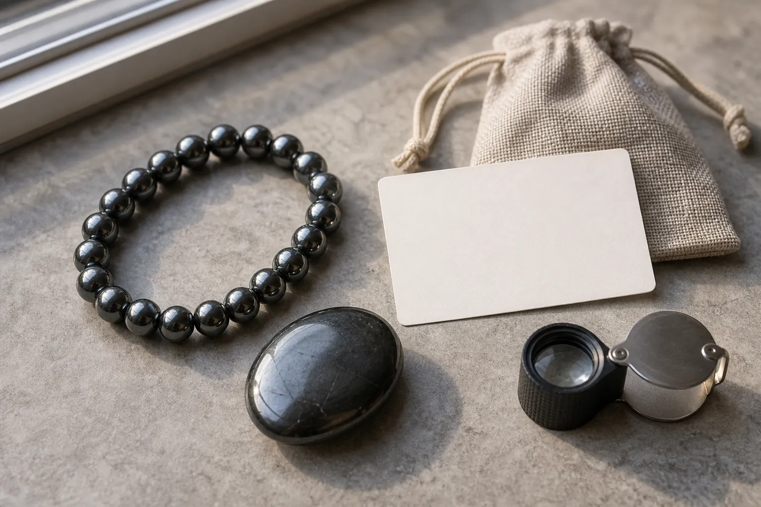 Hematite beads and a polished stone presented as personal-use objects rather than proof of outcomes