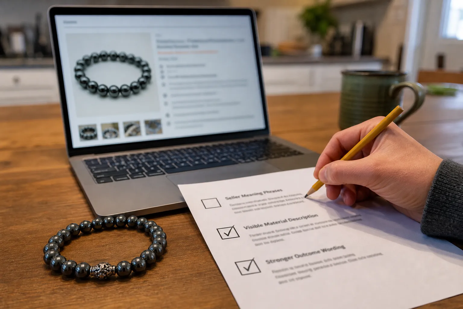 A hematite-style bracelet listing being checked for meaning language, material description, and outcome wording
