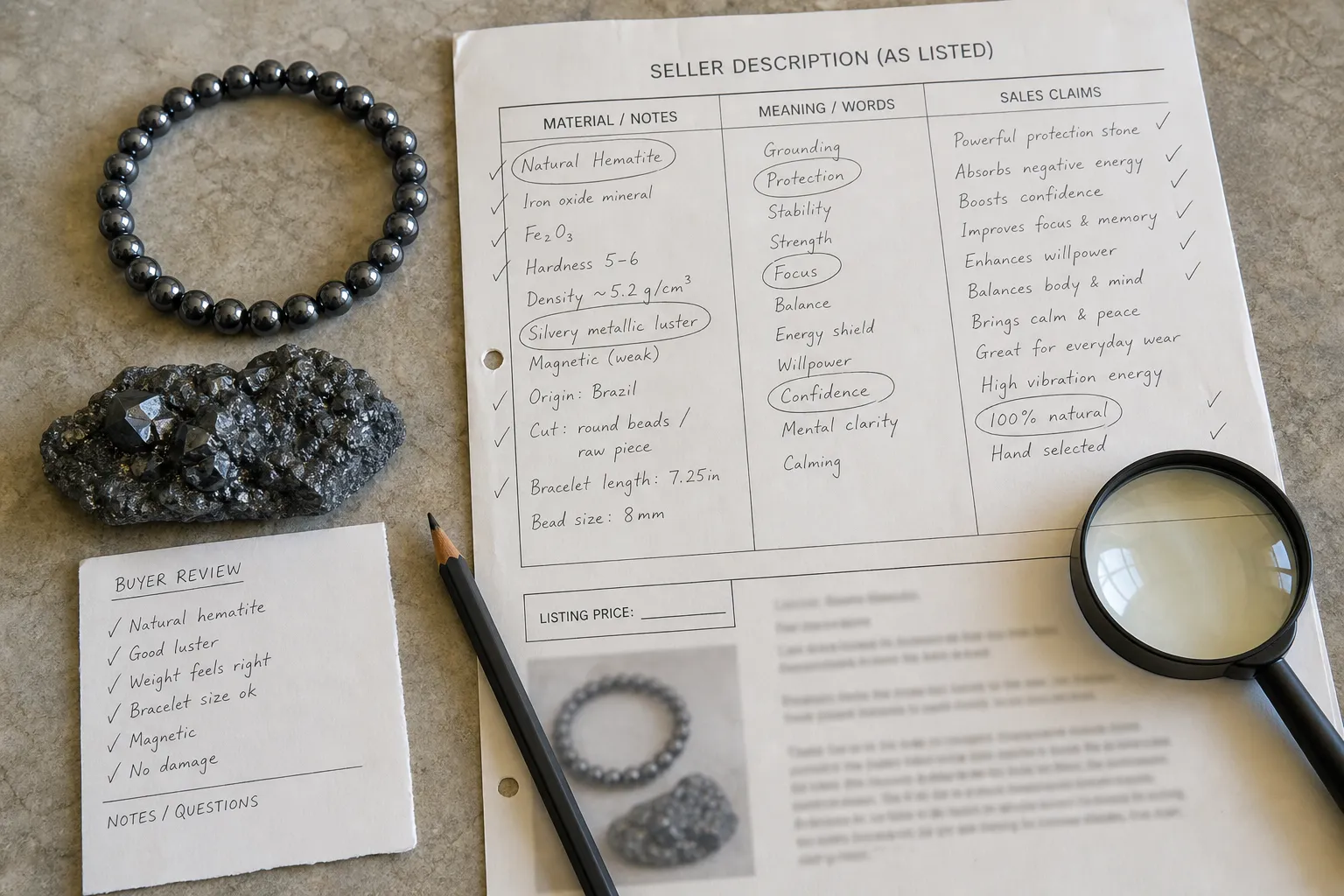 Hematite listing details sorted into material traits symbolic language and sales wording