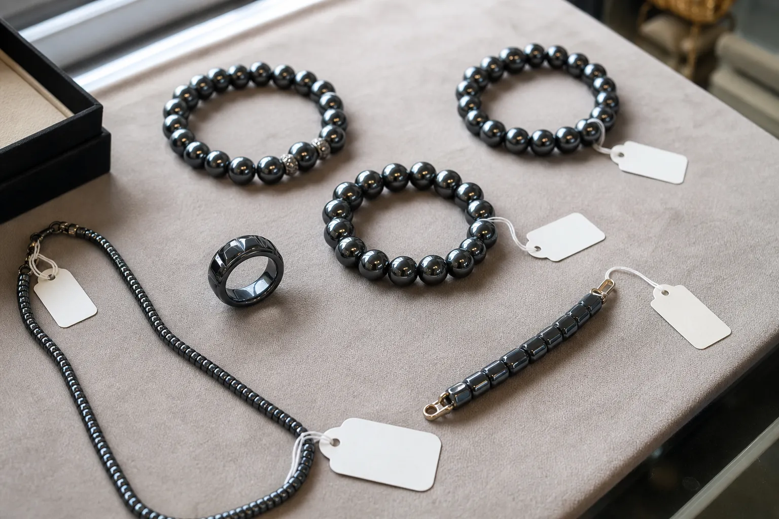 Hematite bracelets, rings, necklaces, and magnetic-style beads arranged for practical wear checks