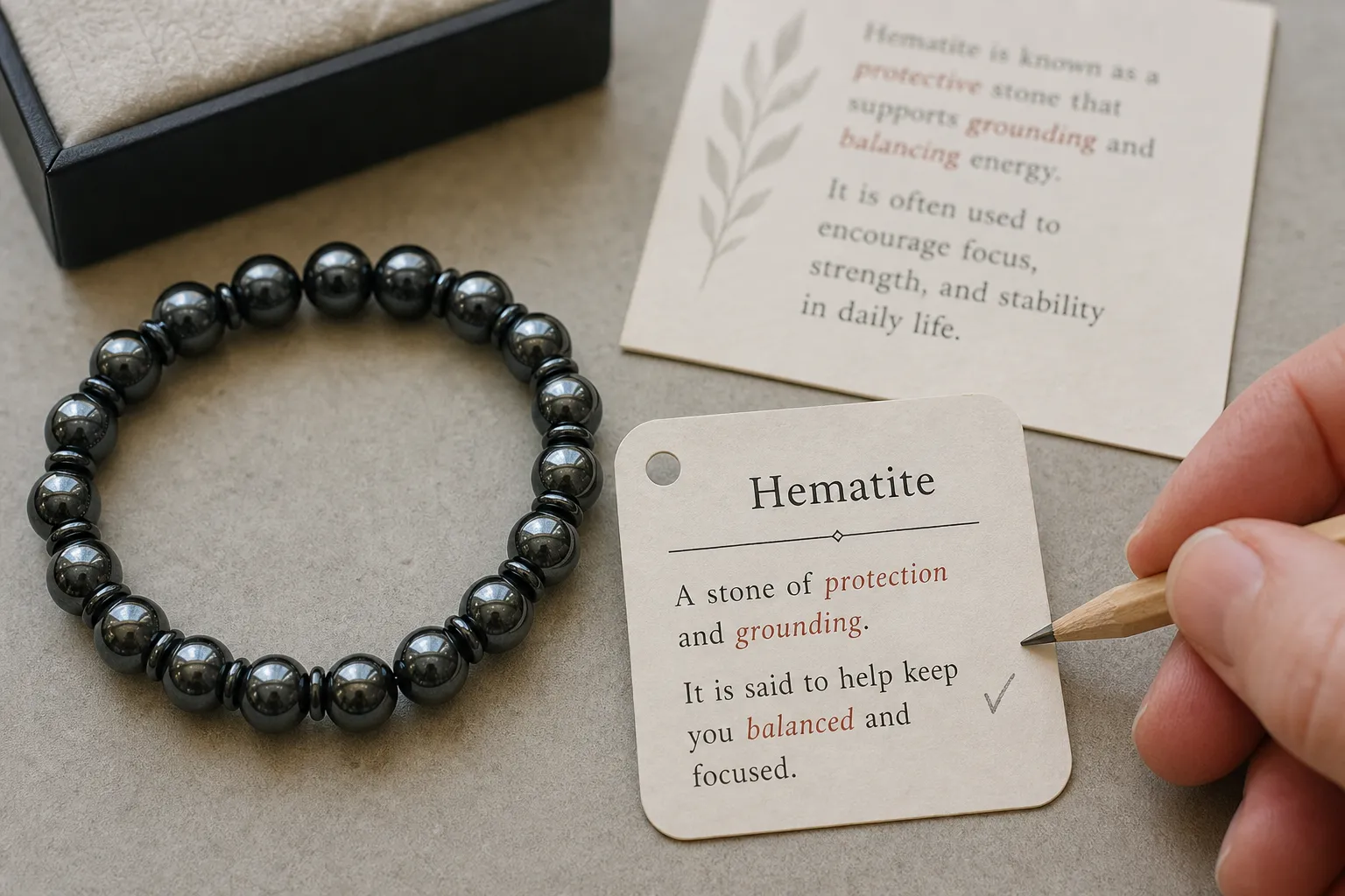 A hematite bracelet listing context showing meaning words treated as seller language rather than proof