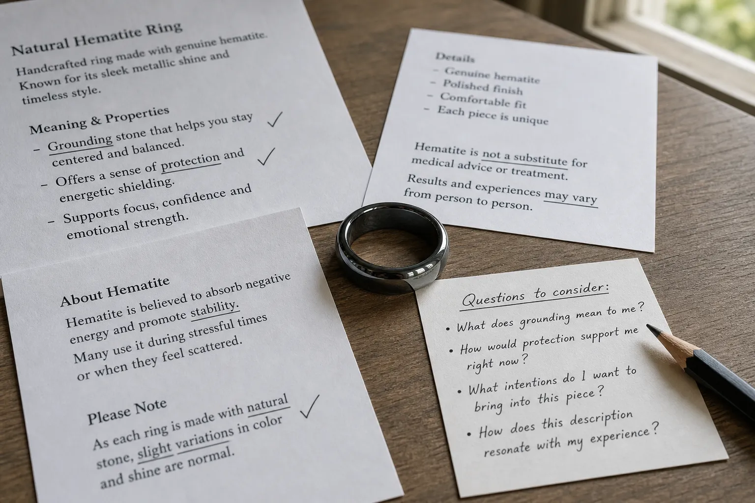 Hematite ring listing language compared with careful questions about symbolism and claims