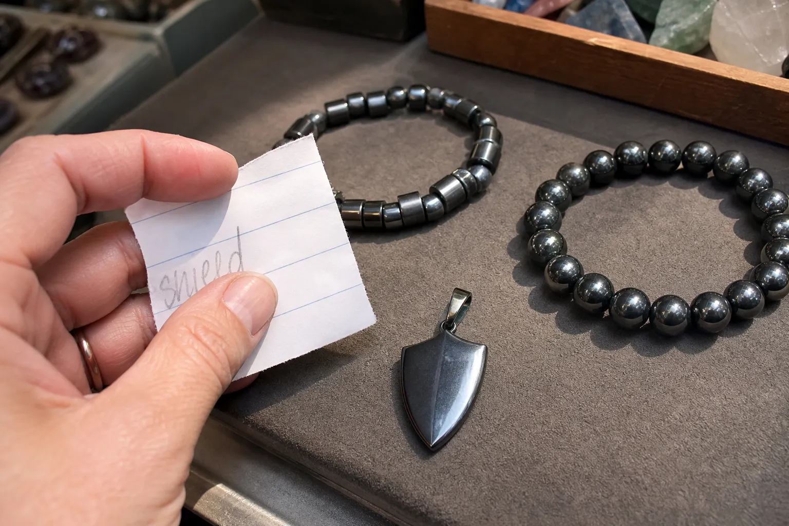 Hematite jewelry listing context showing a shield phrase beside actual beads and a pendant form