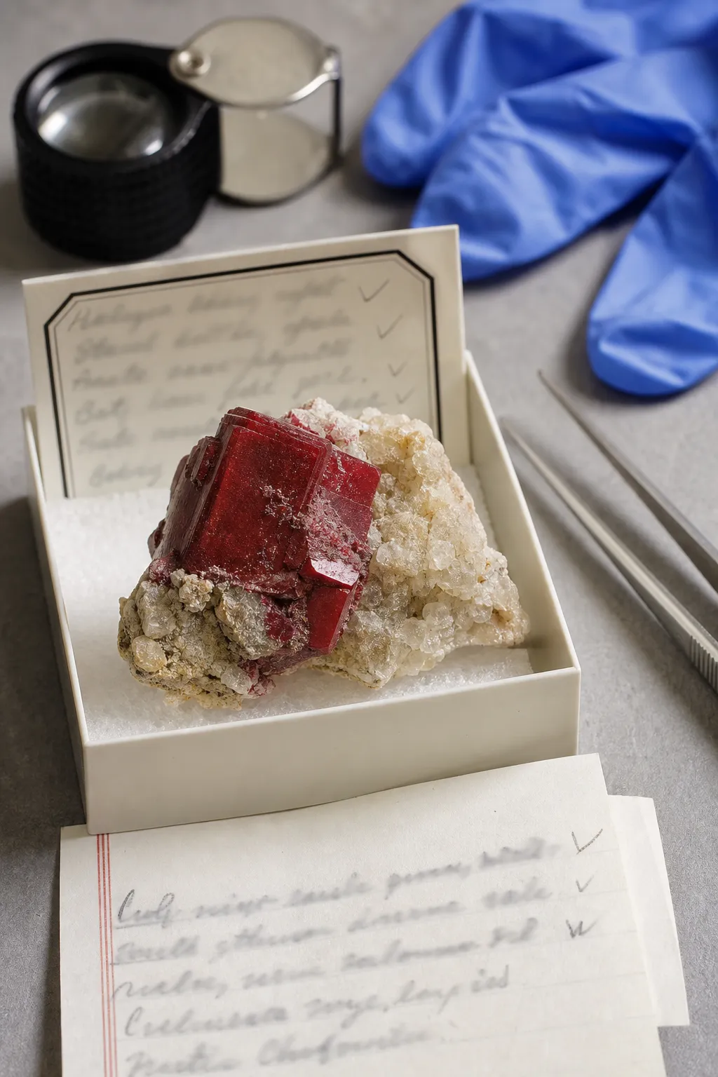 A cautious cinnabar specimen listing context with matrix detail and handling-sensitive cues