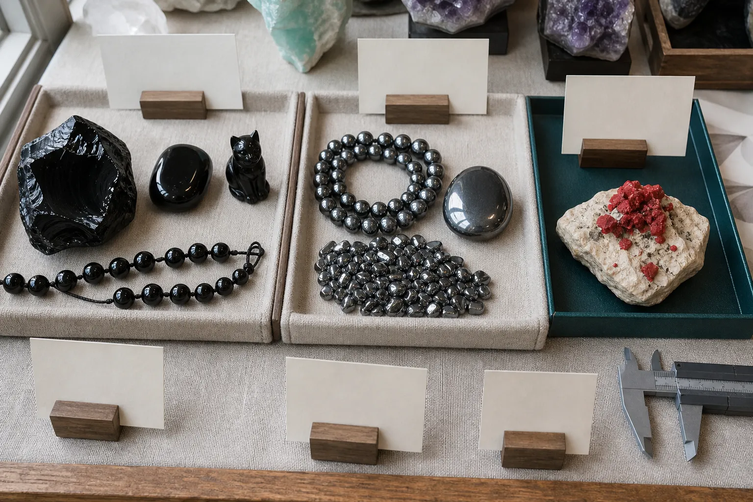 Obsidian, cinnabar, and hematite shown in different common sales forms for buyer comparison