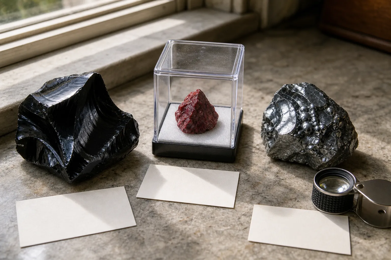 Obsidian, cinnabar, and hematite pieces arranged for careful buyer comparison
