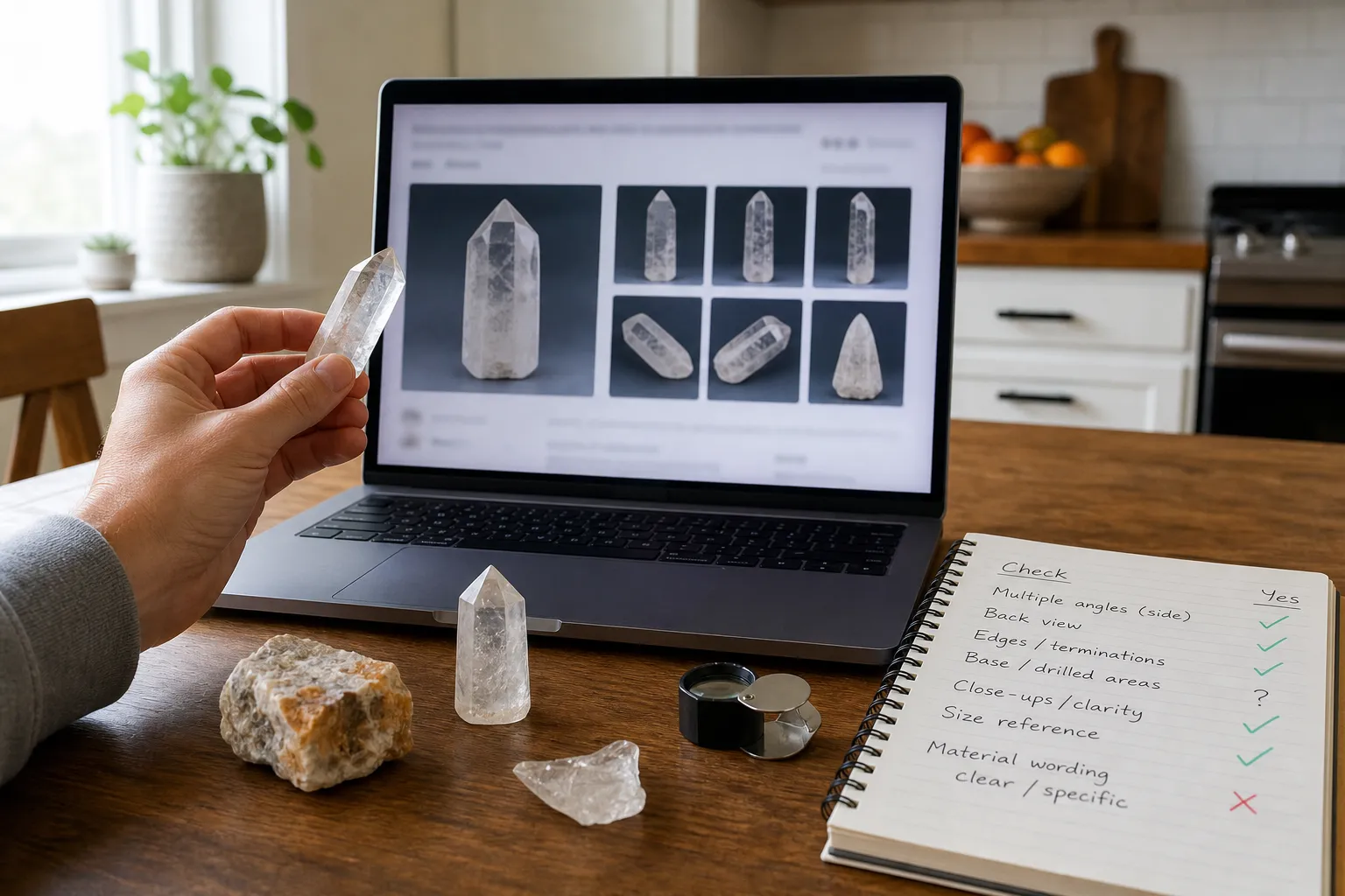 Close inspection of a crystal listing and mineral details before purchase