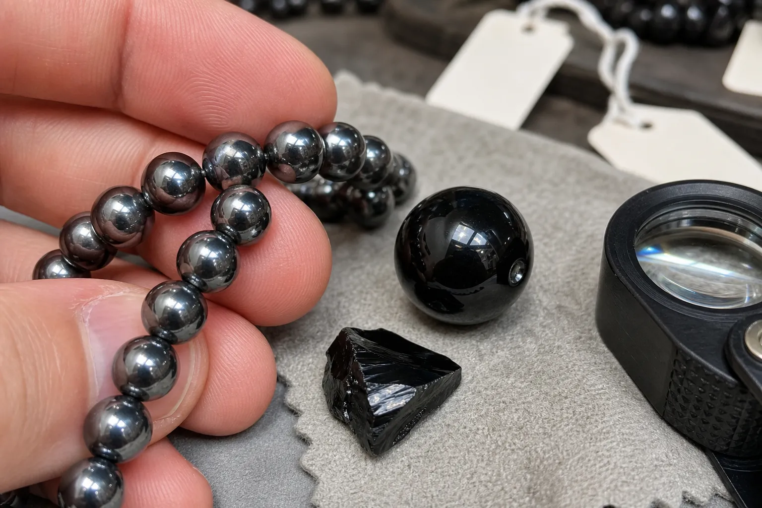 Close inspection of glossy black obsidian and metallic hematite beads for surface, weight, finish, and seller-claim limits