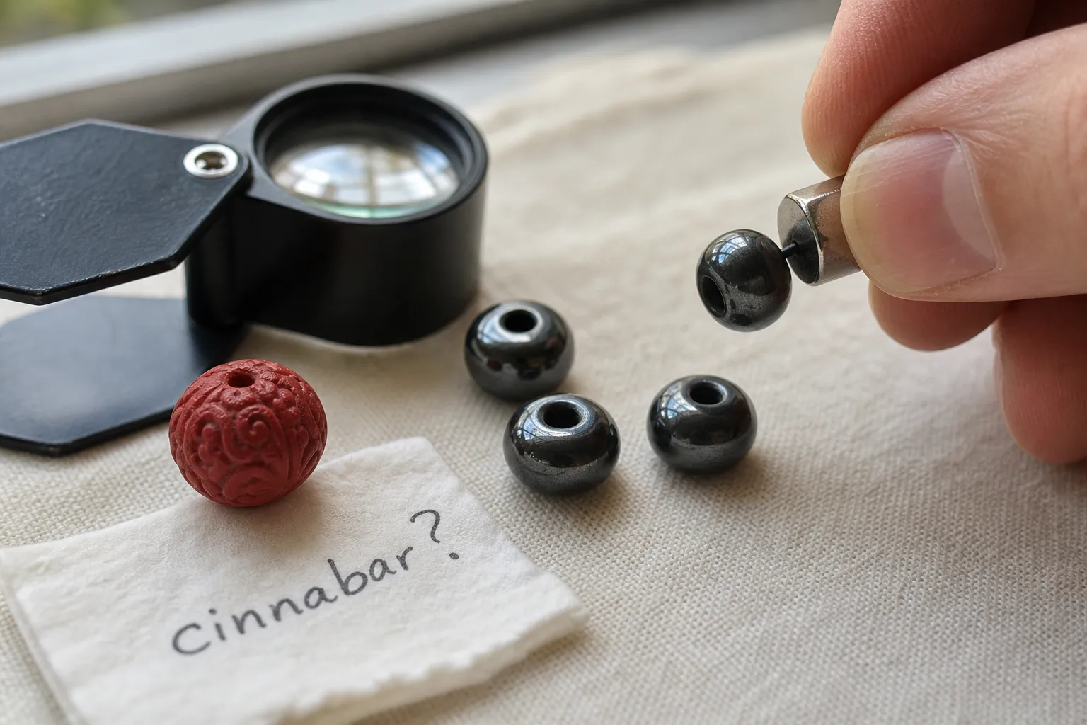 Red cinnabar-labeled bead and dark magnetic hematite-style beads checked with a small magnet