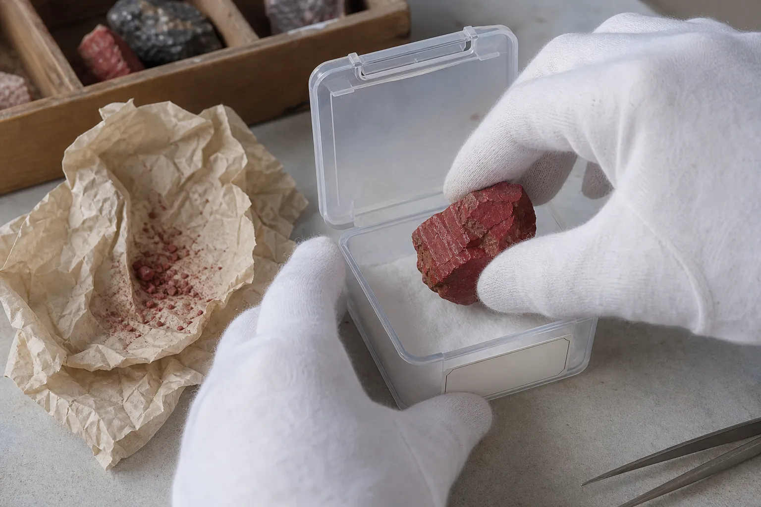 Gloved hands placing a damaged red cinnabar piece into a small contained storage box