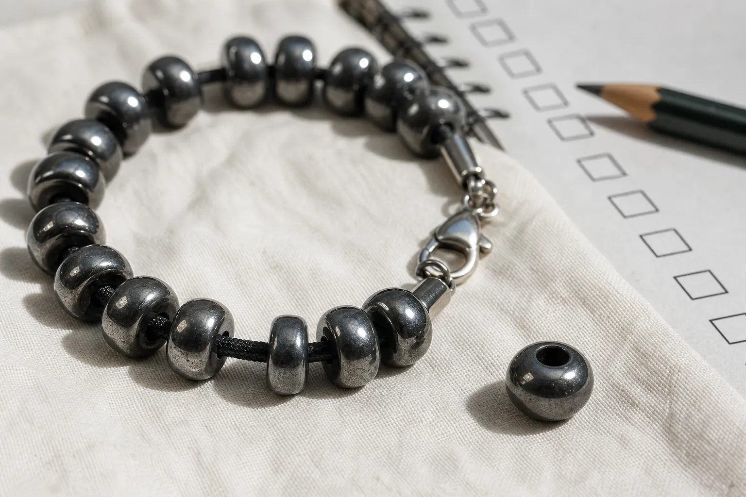 Close inspection of hematite beads showing smooth surfaces, bead holes, clasp hardware, and loose-part checks