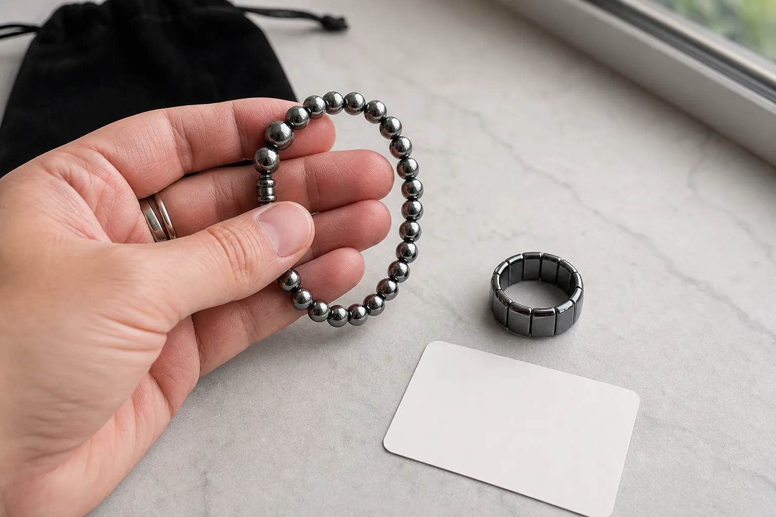 Hematite bracelet and ring being checked for smooth finish, secure hardware, and skin-contact edges