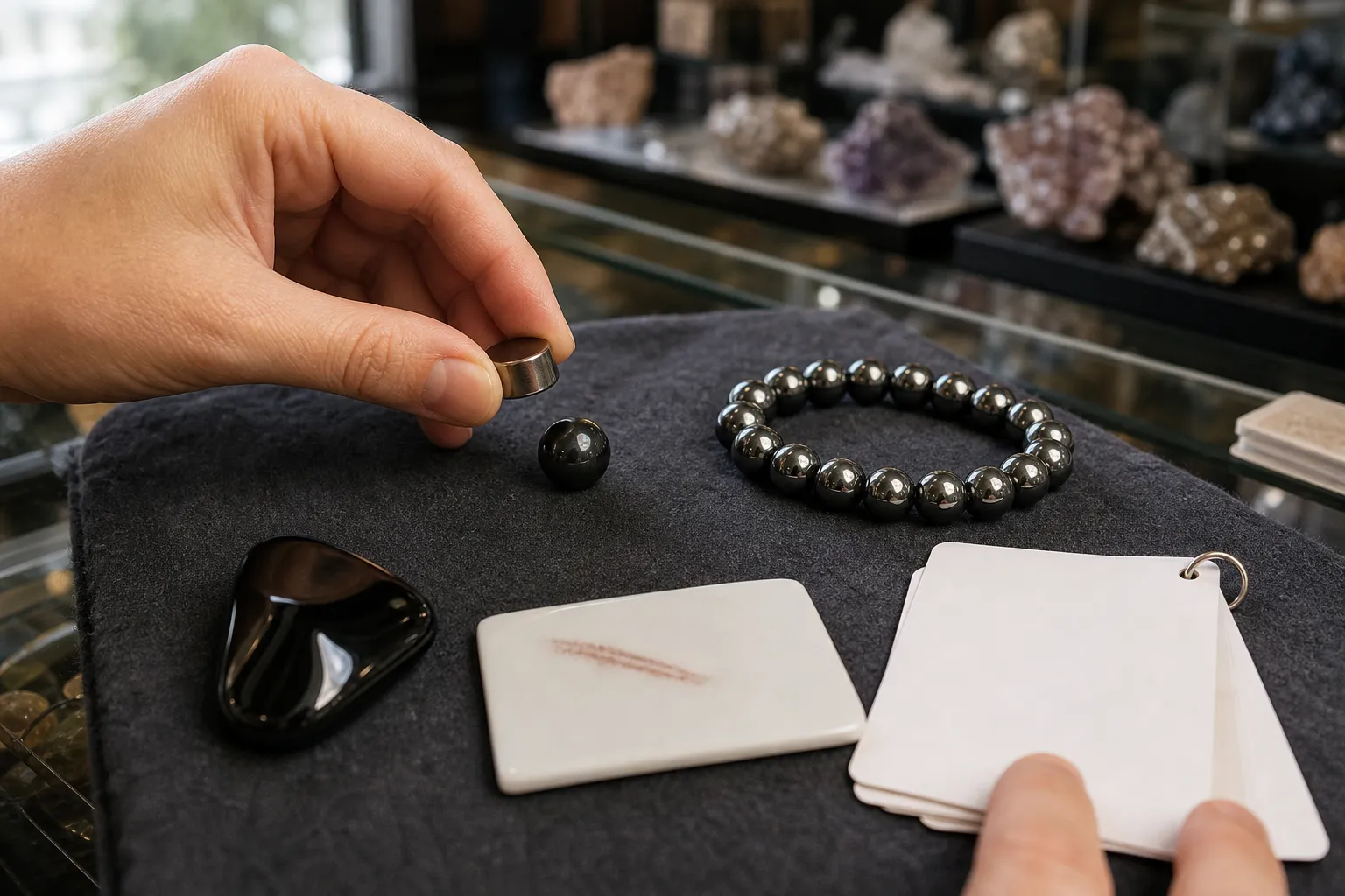 A buyer gently checking a dark polished bead with a small magnet near other hematite and obsidian pieces