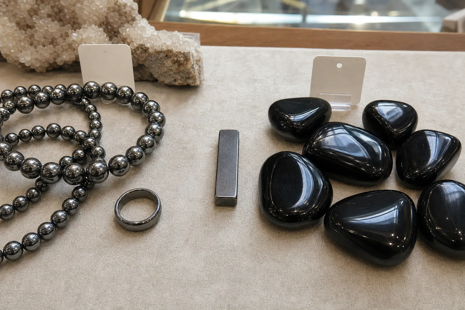 Dark hematite-like beads and polished black obsidian compared beside a small magnet