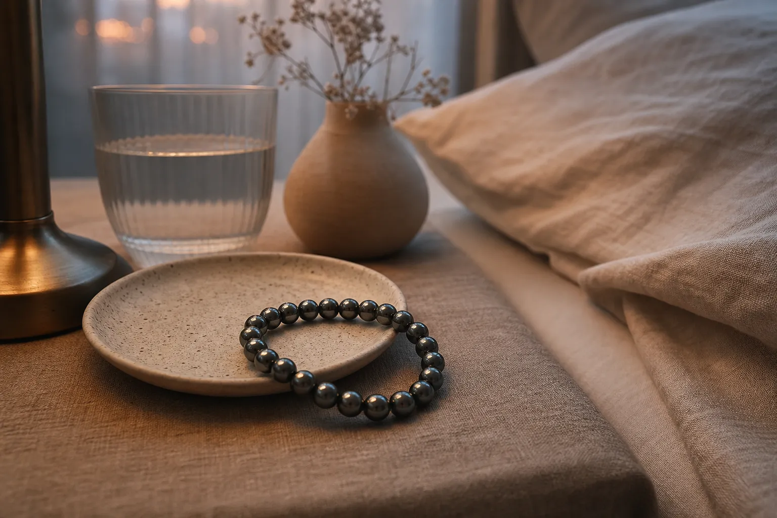 A loose hematite bracelet beside a bedside dish before sleep