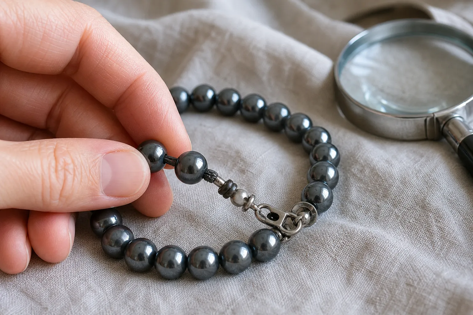Close inspection of hematite bracelet beads, clasp, and worn finish
