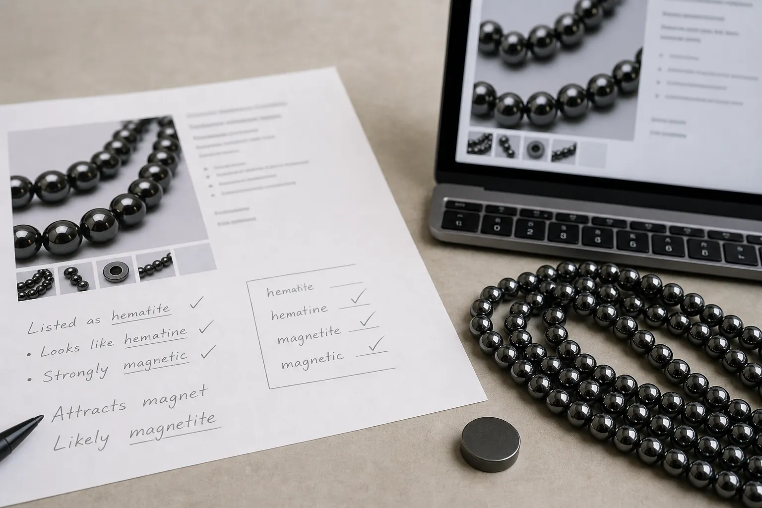 A hematite bead listing being reviewed for terms such as hematite, hematine, magnetite, and magnetic