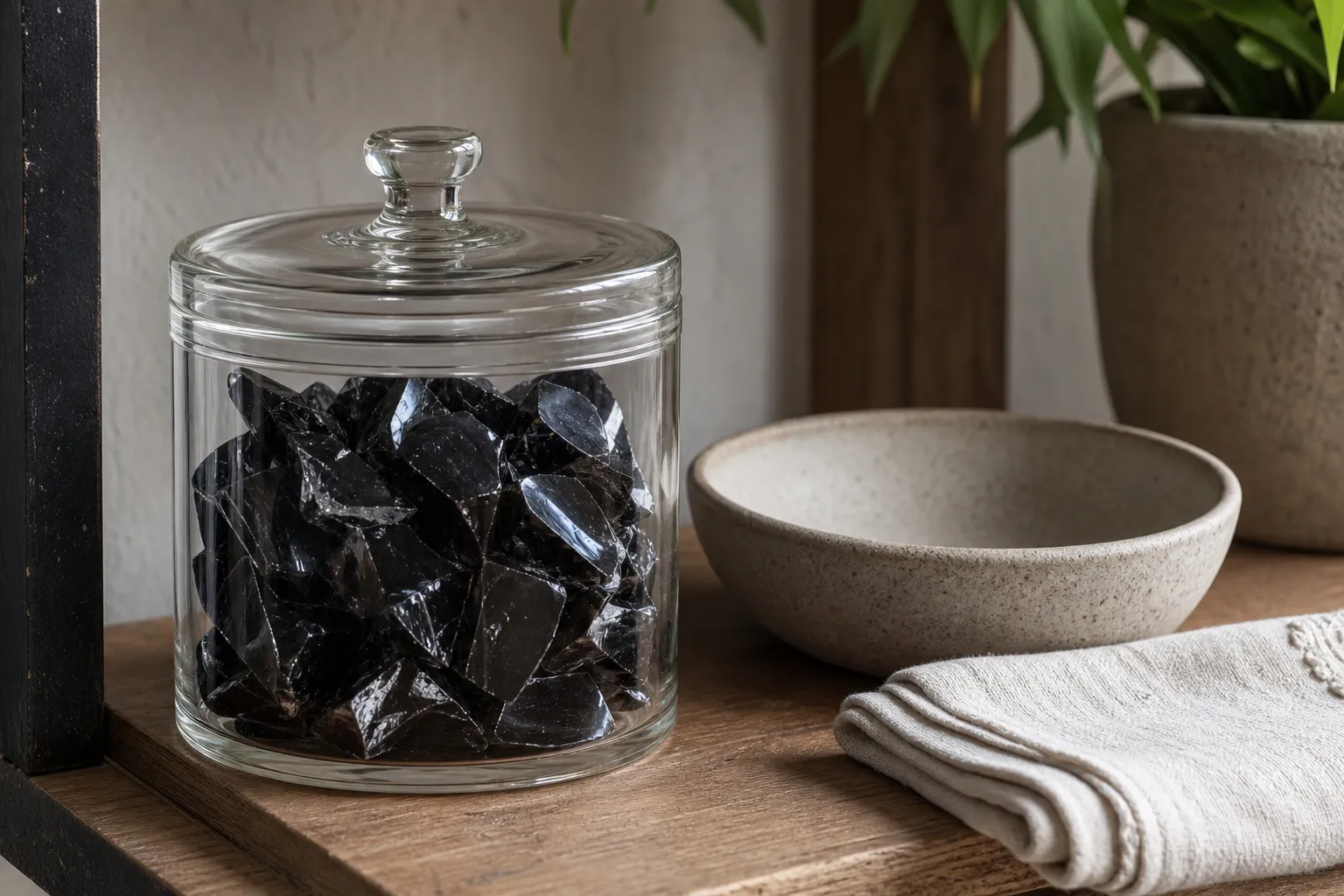 Sharp obsidian fragments kept in a covered container instead of an open touch-heavy display