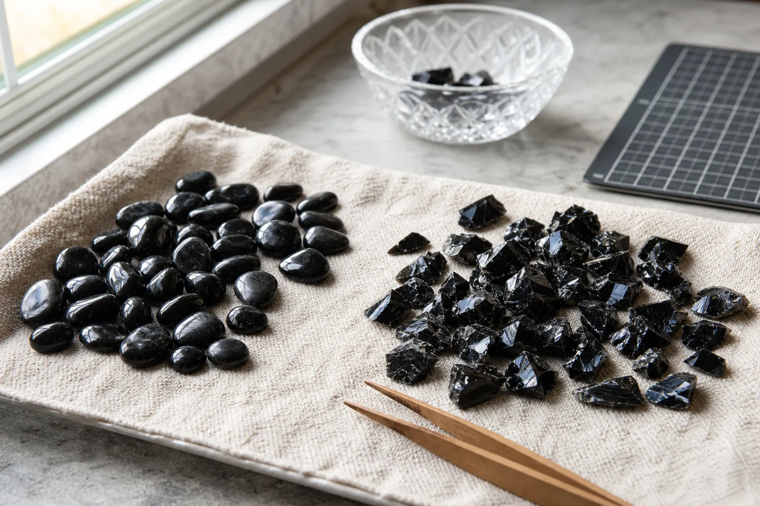 Rounded obsidian chips separated from sharper broken fragments before bowl or grid use