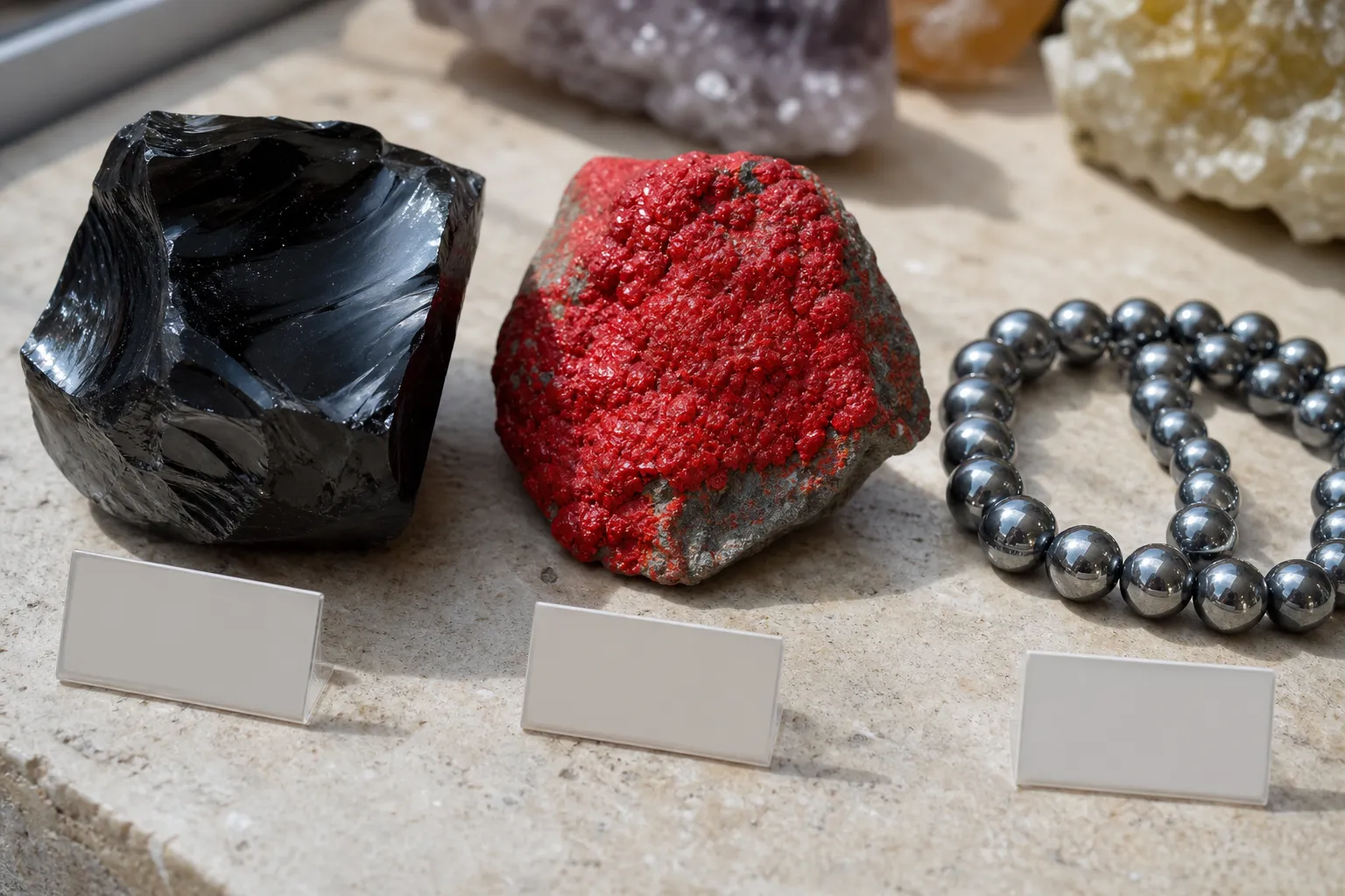 Obsidian, cinnabar, and hematite shown together for comparing glassy black, vivid red, and metallic gray surfaces