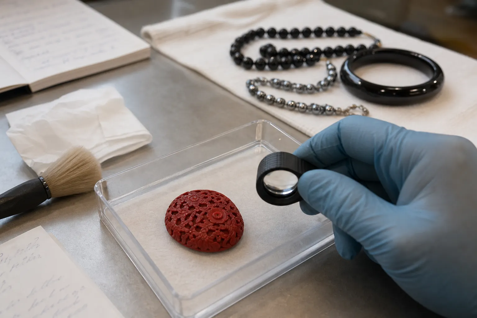 A cautious inspection scene with a red cinnabar-labeled piece kept separate from dark obsidian and metallic hematite jewelry