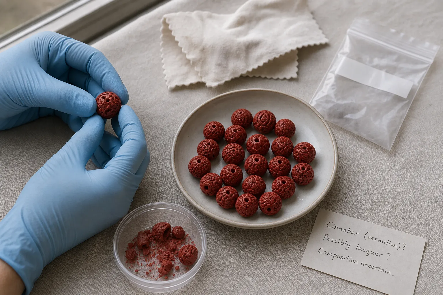 A cautious check of red carved cinnabar-labeled beads with damaged or powdery pieces kept separate