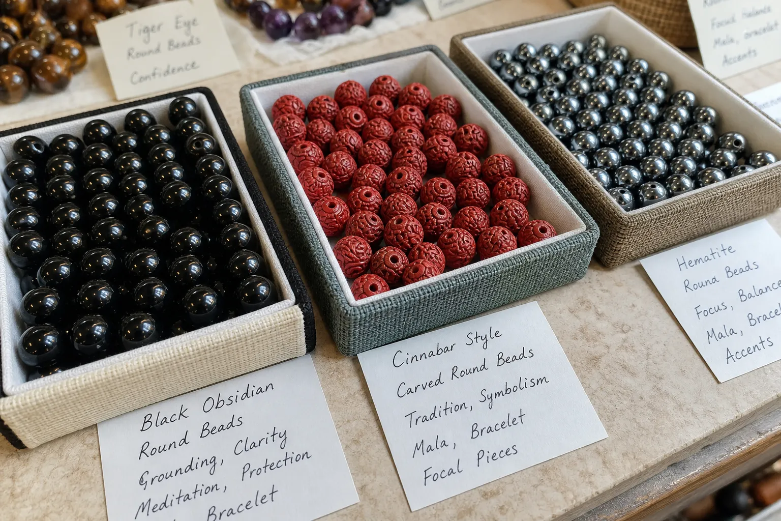 Obsidian, red cinnabar-style beads, and hematite beads shown as separate listing terms rather than one combined material