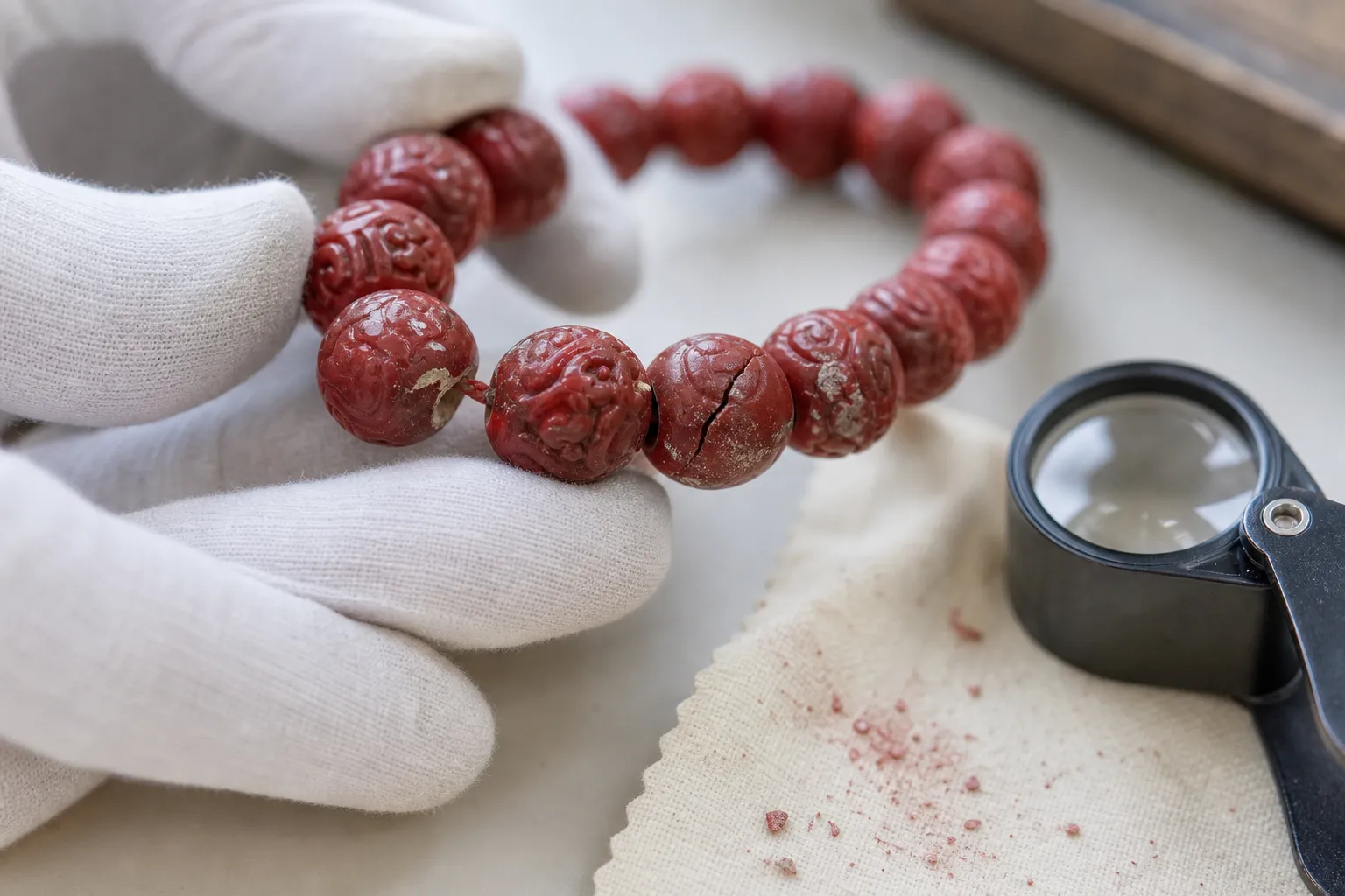 Cinnabar style bracelet beads being inspected for cracks, powdery residue, and surface wear