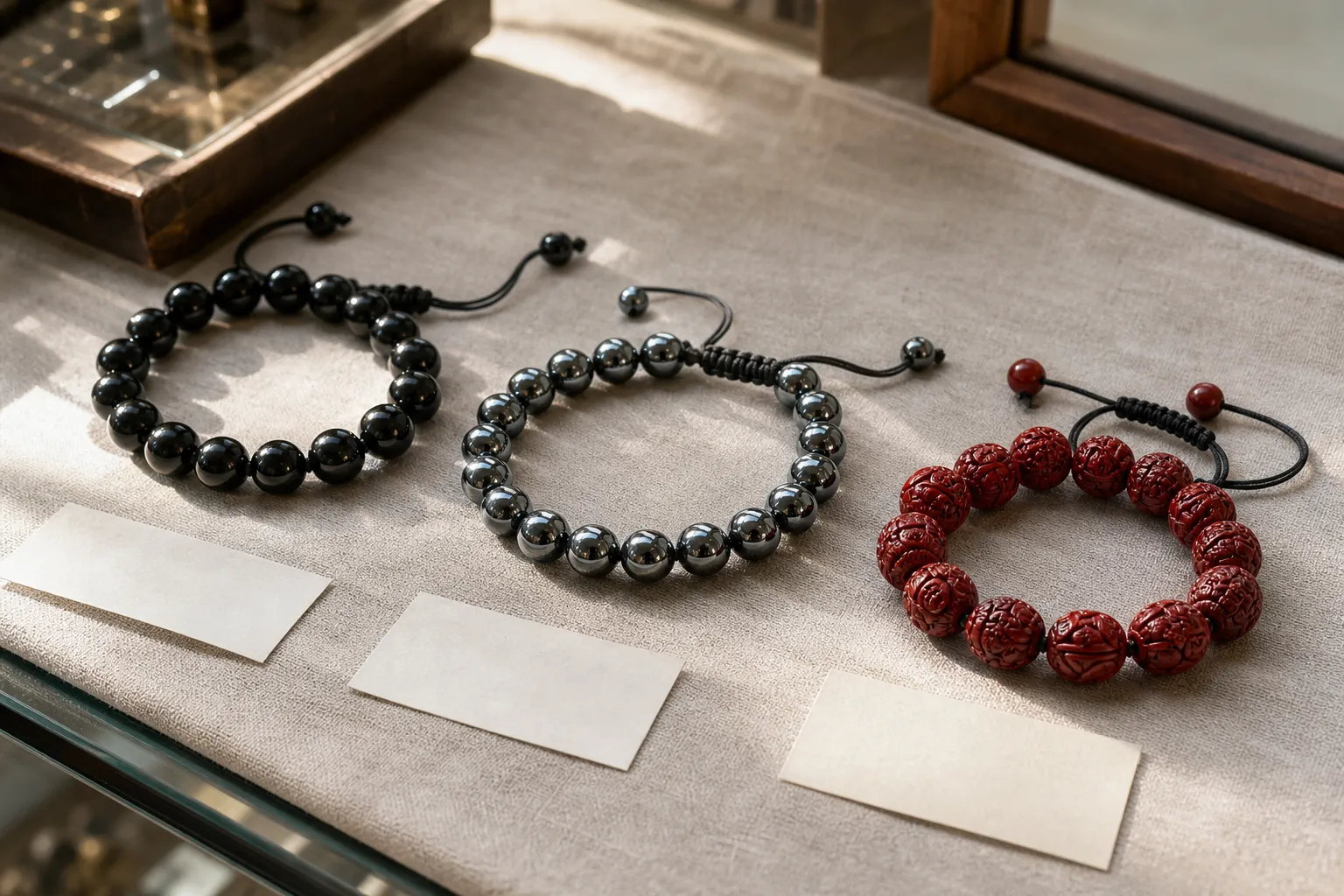 Obsidian, hematite, and cinnabar style bracelets compared by color, finish, and wear purpose