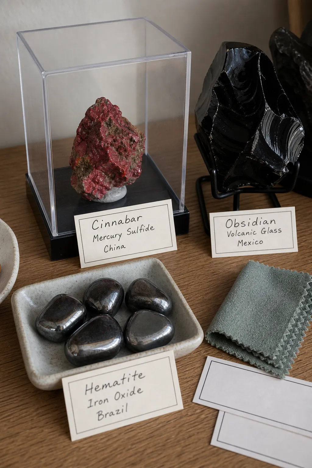 Labeled cinnabar specimen in a small display box beside stable obsidian and contained hematite pieces