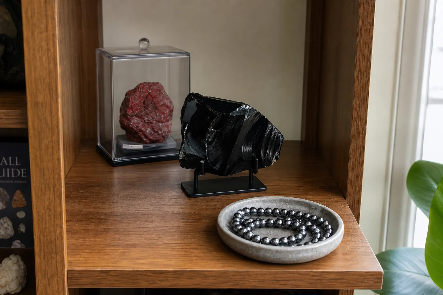 Crystal shelf zones with cinnabar kept back, obsidian stabilized in the middle, and contained hematite near the front