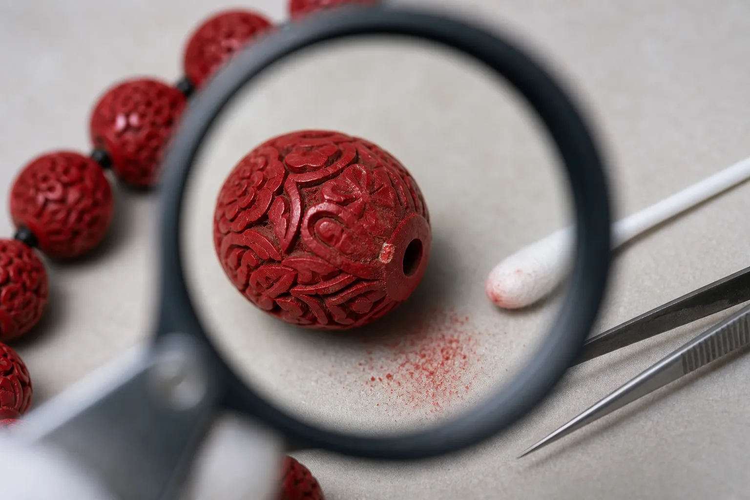 Close inspection of a red cinnabar-style necklace bead for chips, powder, and residue