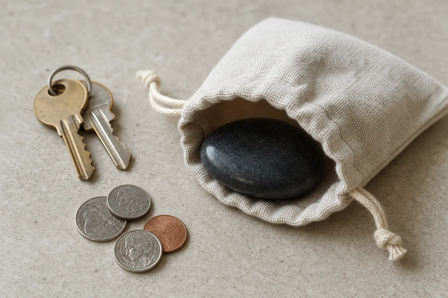 A small fabric pouch separating a rounded pocket stone from keys and coins