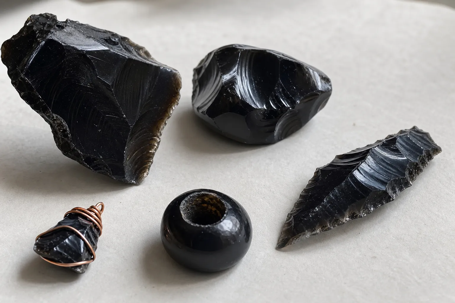 Chipped obsidian pieces arranged so exposed edges can be checked without touching them