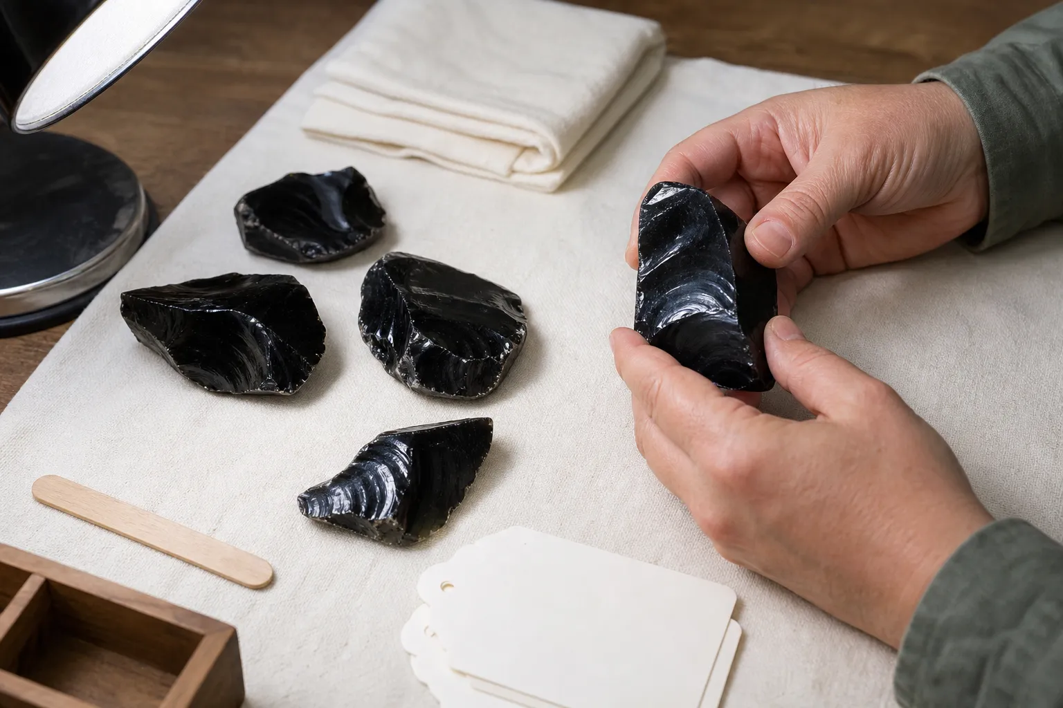 Obsidian on a light cloth with space to inspect chips and fragments safely