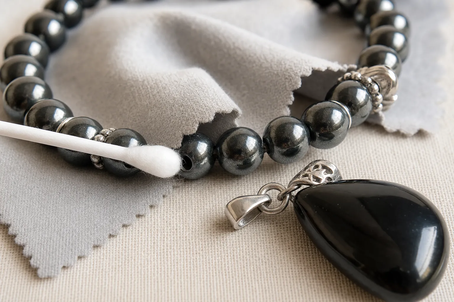 Hematite beads and an obsidian pendant shown with a soft cloth near bead holes and metal findings.