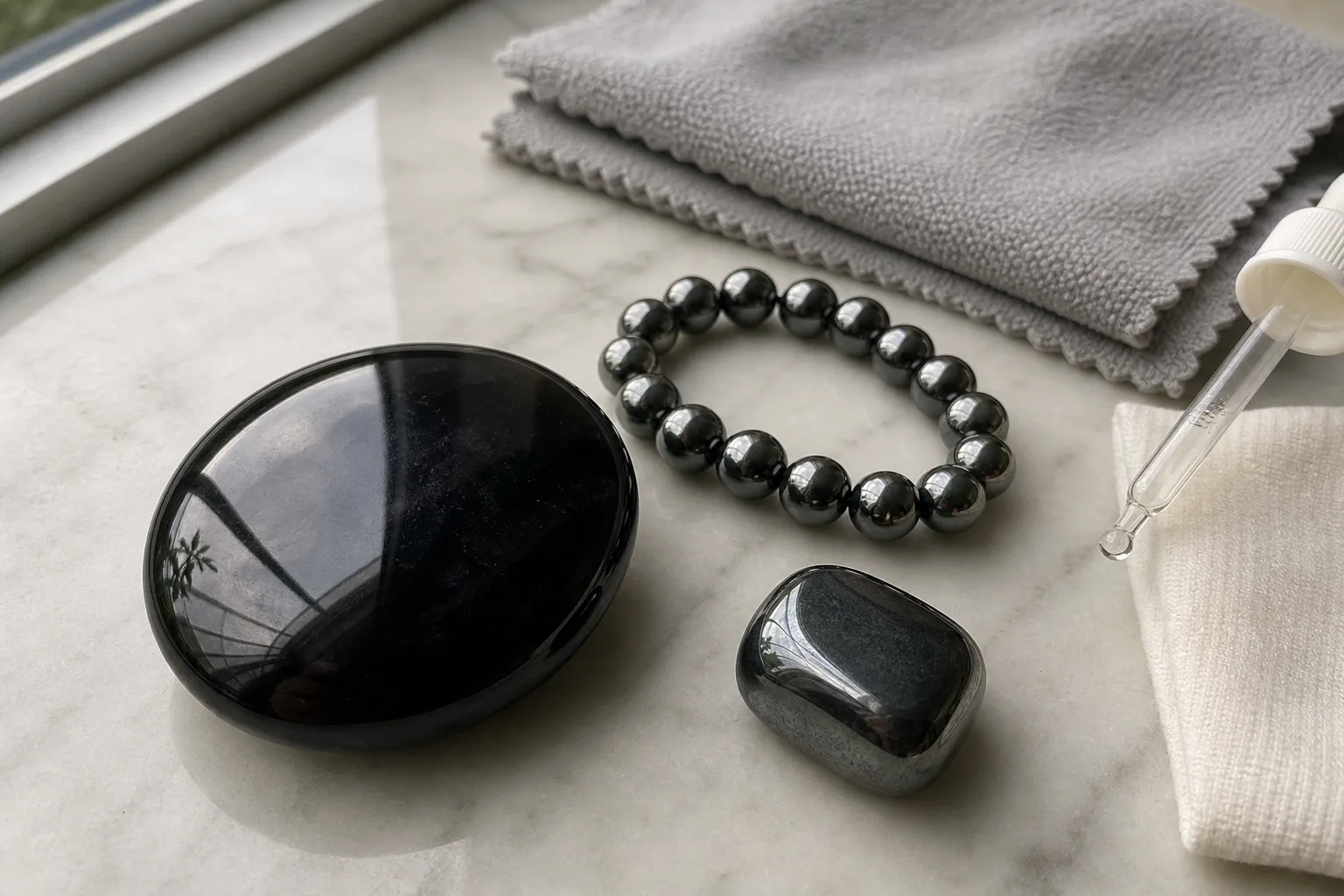 Polished obsidian and hematite pieces being compared for dry and lightly damp cleaning.