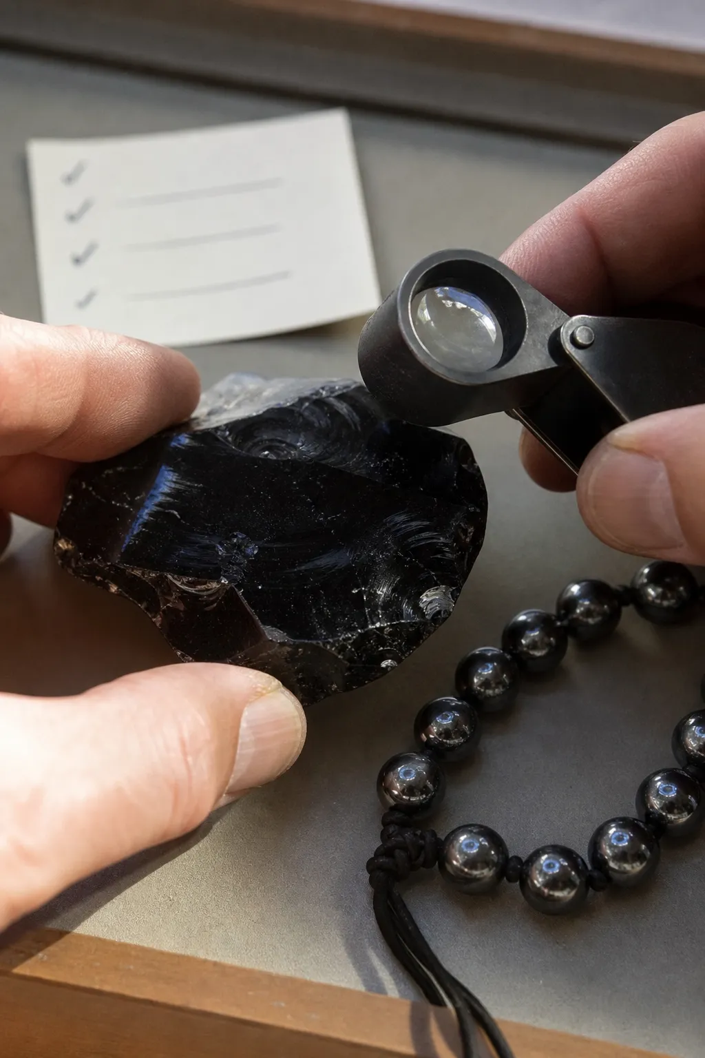 Close inspection of obsidian edges and hematite bead holes before everyday carry