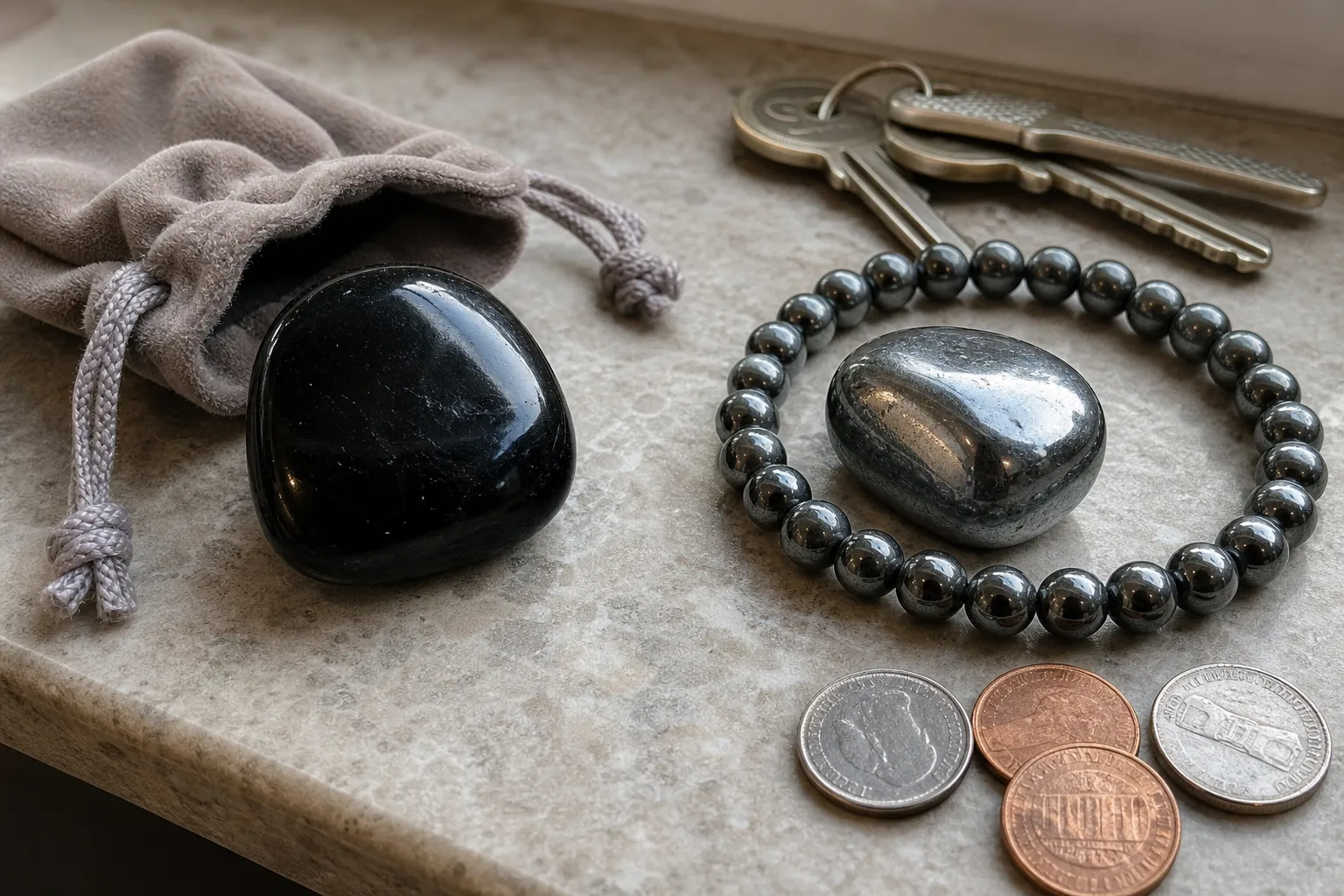 Obsidian and hematite carry pieces compared for chip risk, surface wear, and protected storage