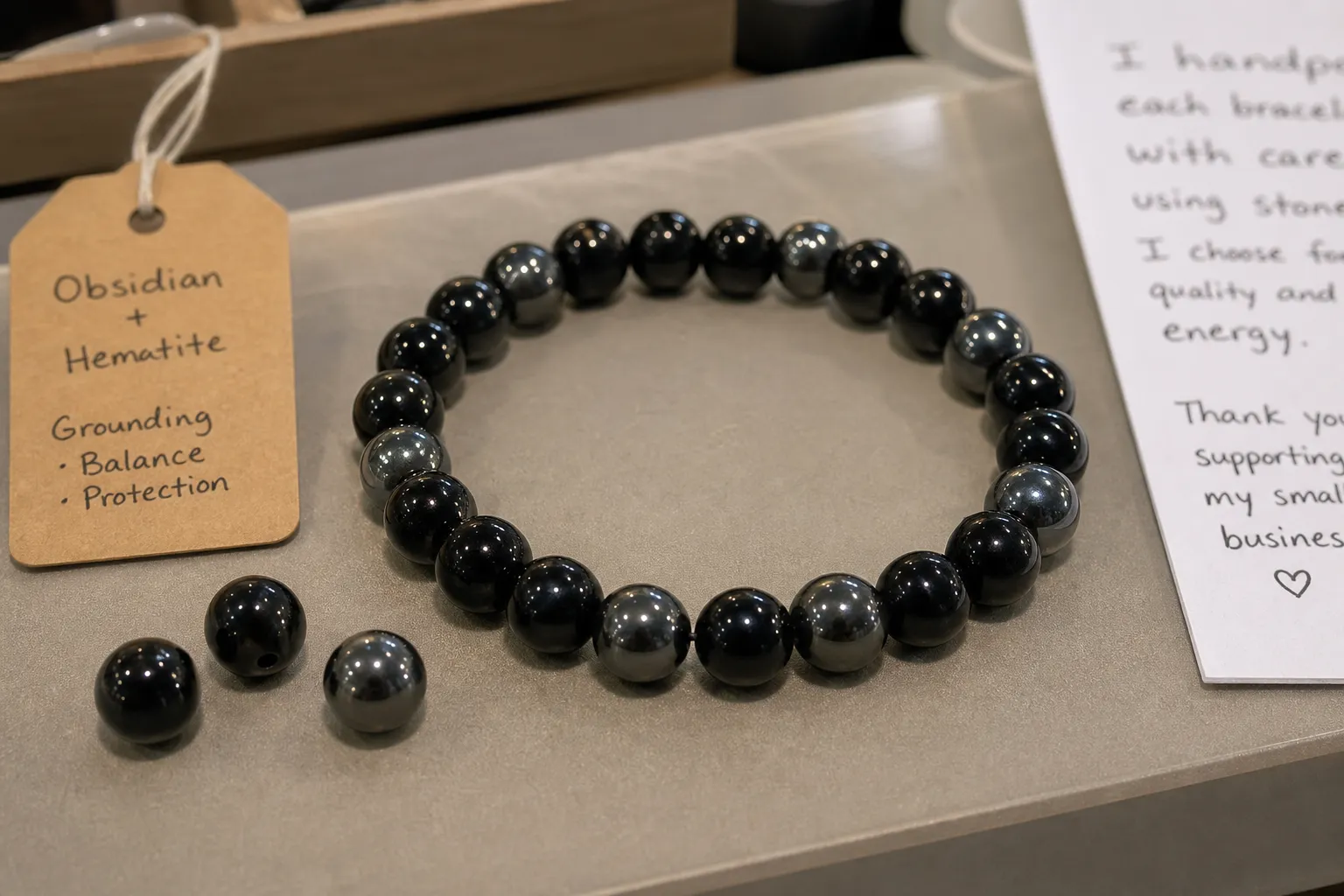 Dark beaded bracelet materials compared as symbolic jewelry rather than a formal mineral category