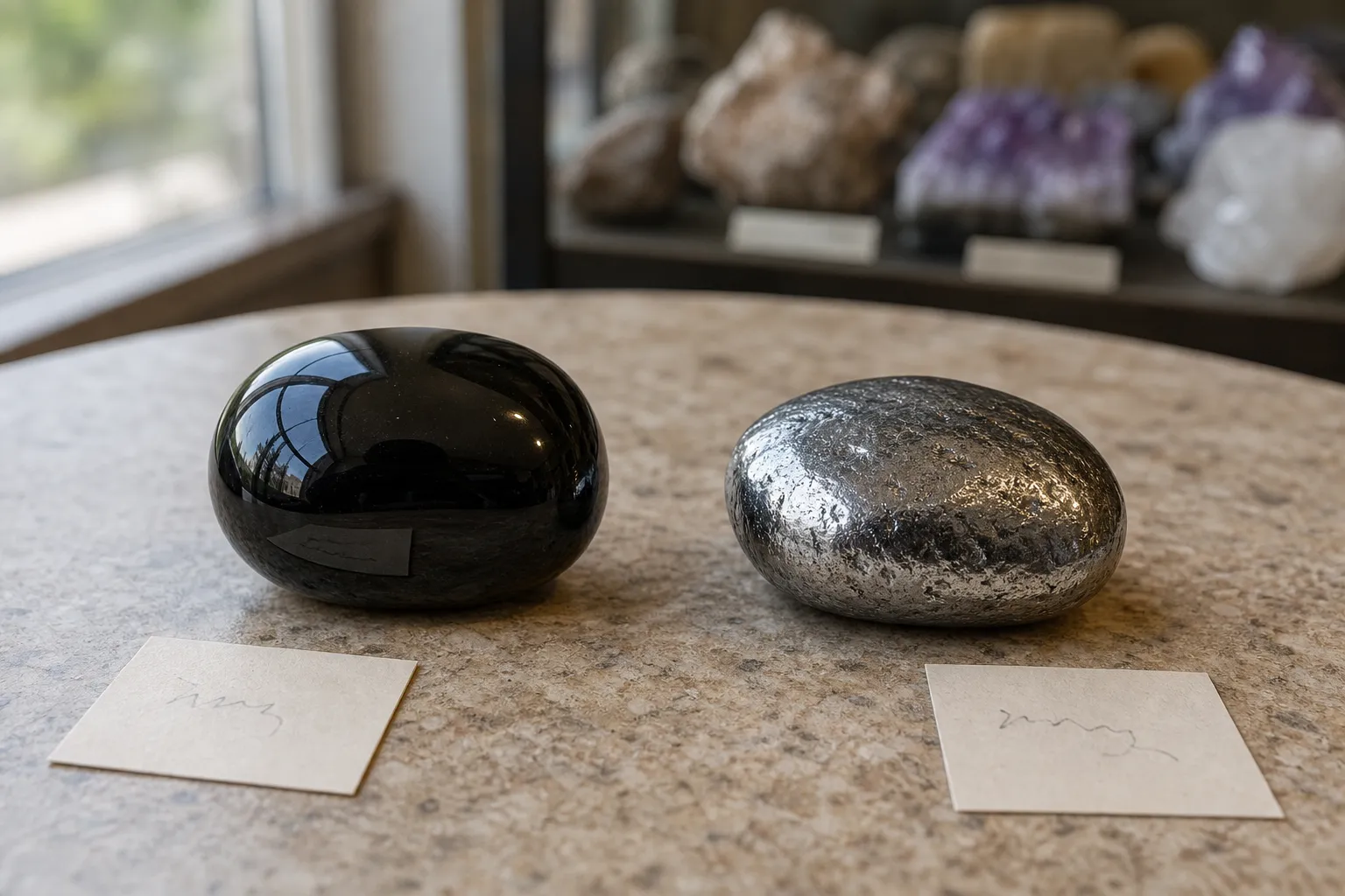 Polished black obsidian and metallic hematite shown side by side for a meaning and material comparison