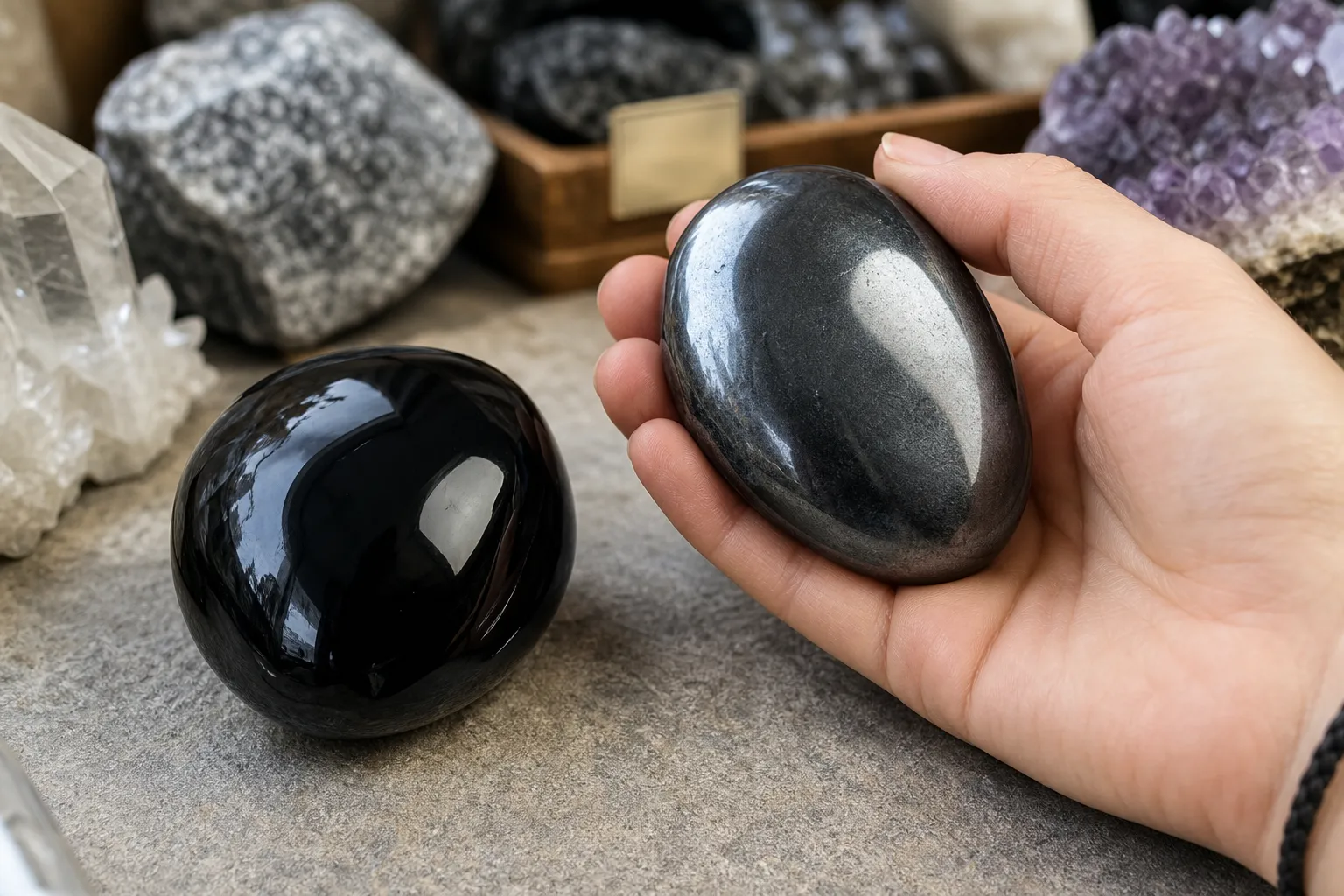 Polished obsidian and hematite pieces compared for glassy shine, metallic tone, and weight impression