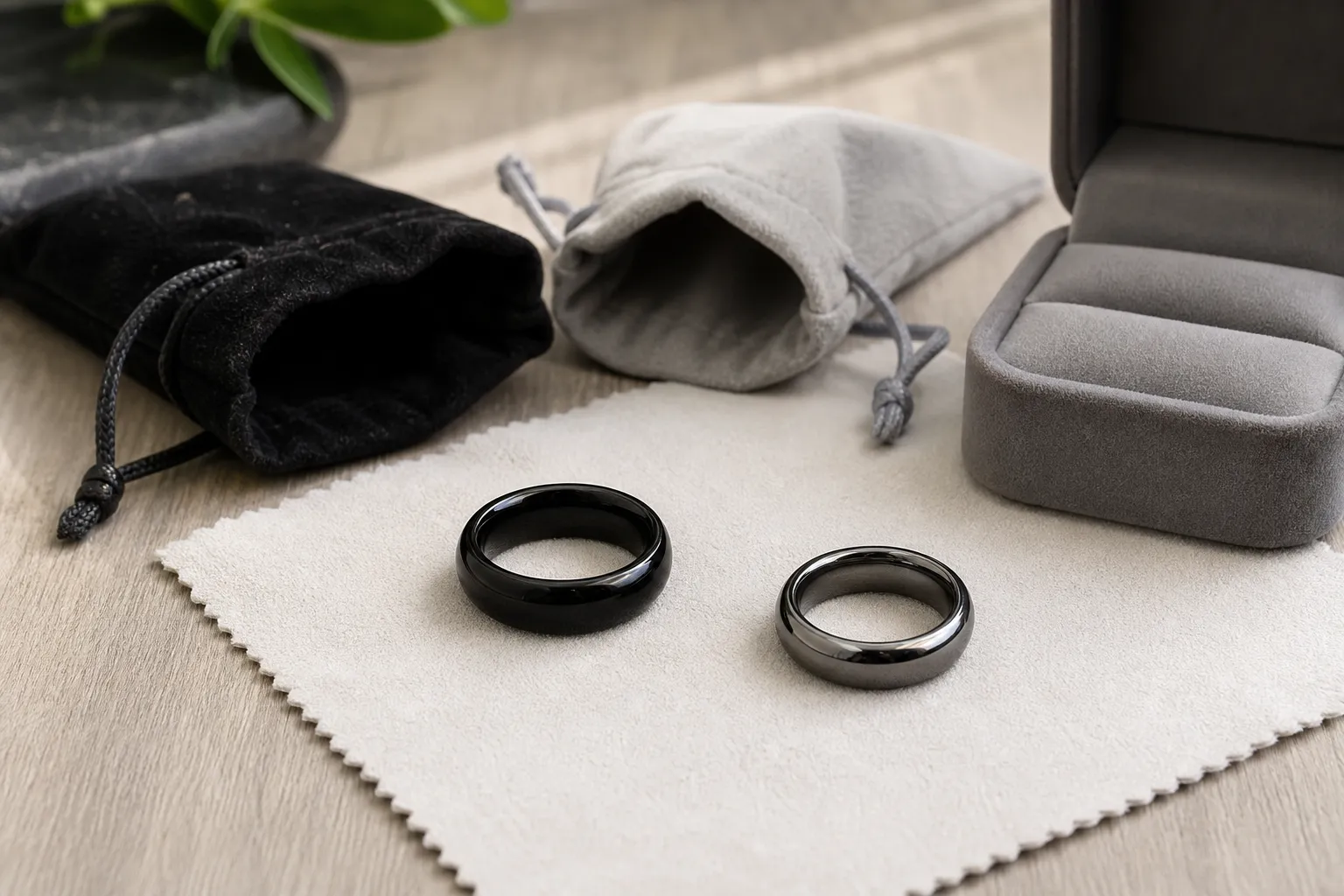 A hematite ring and an obsidian ring placed near a soft cloth to show careful handling and separate storage