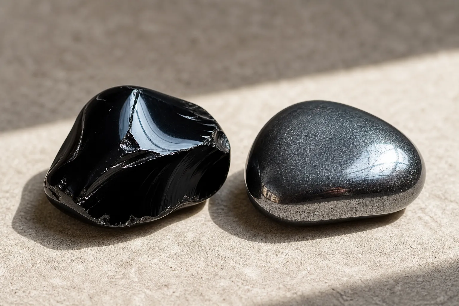 Polished black obsidian beside gray metallic hematite for comparing glassy and metal-like shine