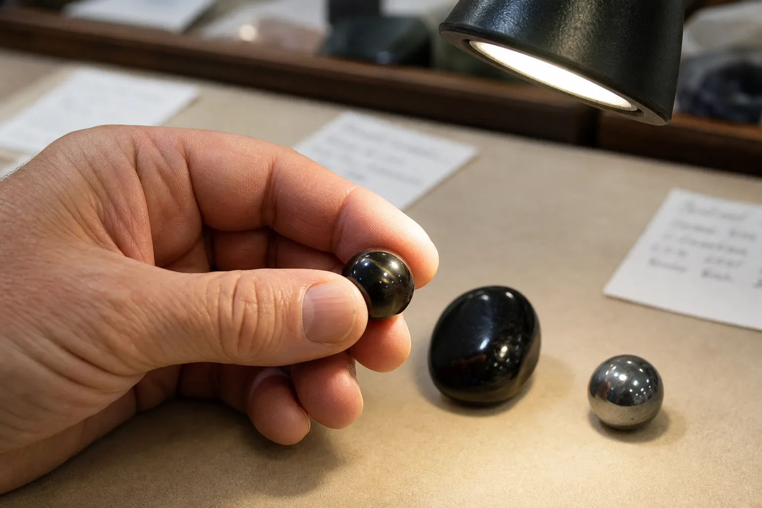 A hand rotating a dark bead under steady light to compare glassy highlights with a metallic gray cast