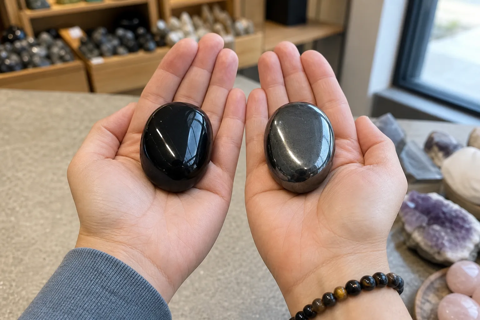 Similar-size polished obsidian and hematite pieces compared by hand for weight
