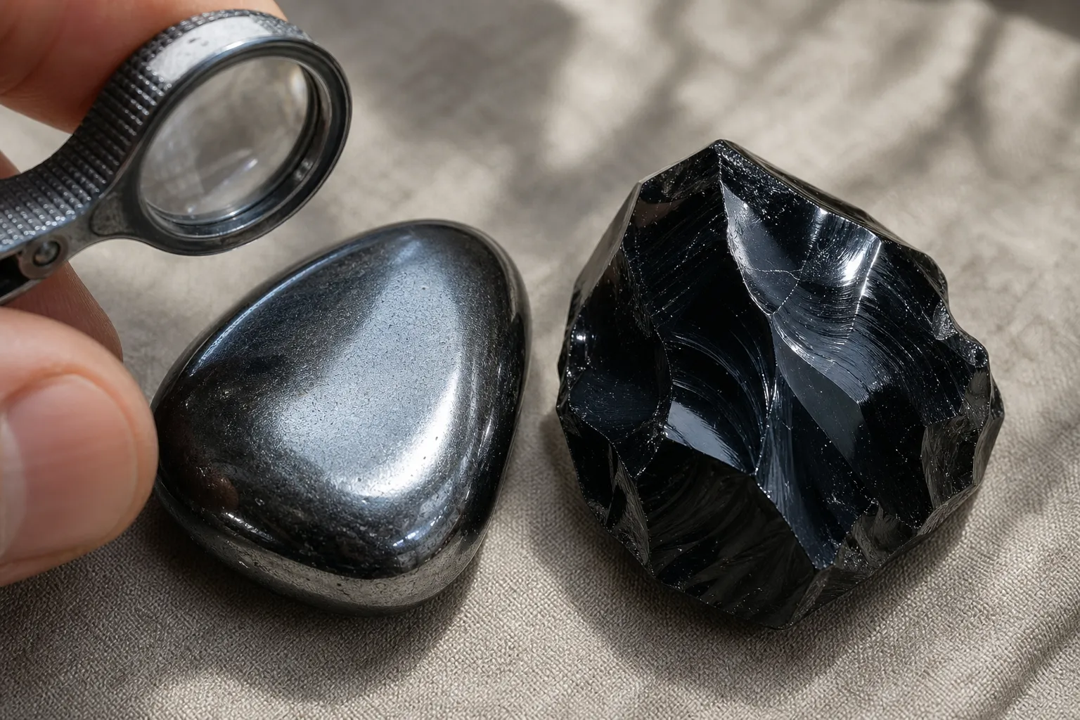 Close inspection of hematite sheen and glossy black obsidian surface clues