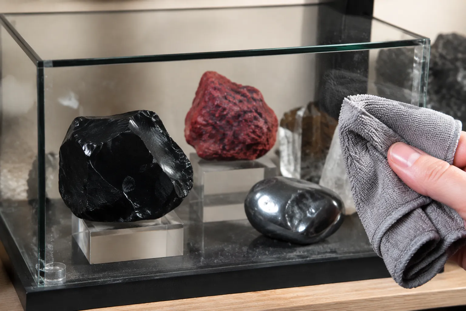 A close view of surfaces and handling boundaries for obsidian, cinnabar, and hematite in a covered display.