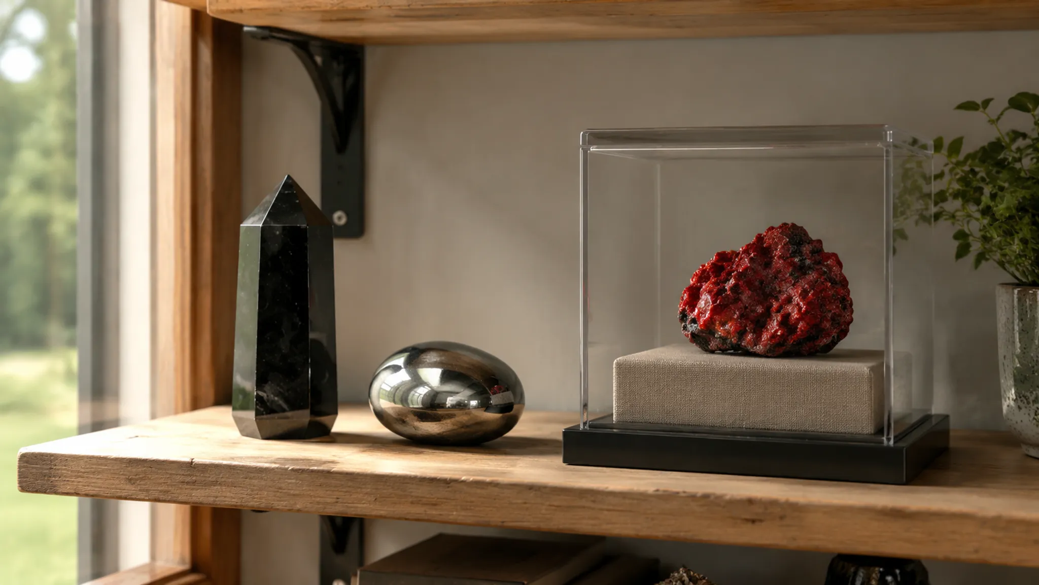 Open Shelf vs Display Box for Obsidian, Cinnabar, and Hematite